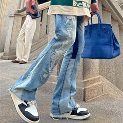 HEARUJOY  -  Hole Ripped Straight Baggy Men Flare Jeans Pants Patchwork Distressed Washed Vintage Loose Punk Denim Trousers
