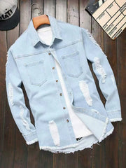 HEARUJOY  -  Men's Light Blue Ripped Distressed Washed Denim Long - Sleeve Shirt for Spring and Autumn