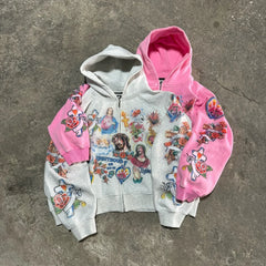 Hearujoy Casual y2k sweatshirt zipper cardigan loose hoodie for women 2024 new versatile printed letters hip-hop geometric pattern
