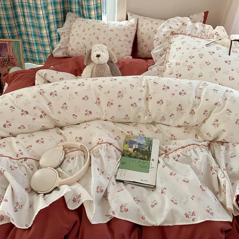 YICKYUE  -  3/4Pcs Bedding Set Korean Princess Polka Dot Bedding Cute Bow Bed Linen 2 Bedroom Cotton Bed Linen With Ruffles Couple Quilt