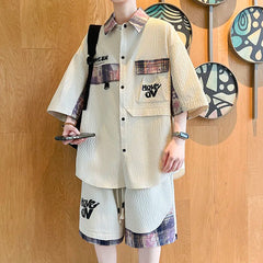 HEARUJOY  -  Summer Men's Casual Set Single Breasted Short Sleeve Shirt Shorts 2 Piece sets Loose Fashion High Quality Sweatshirt Suit
