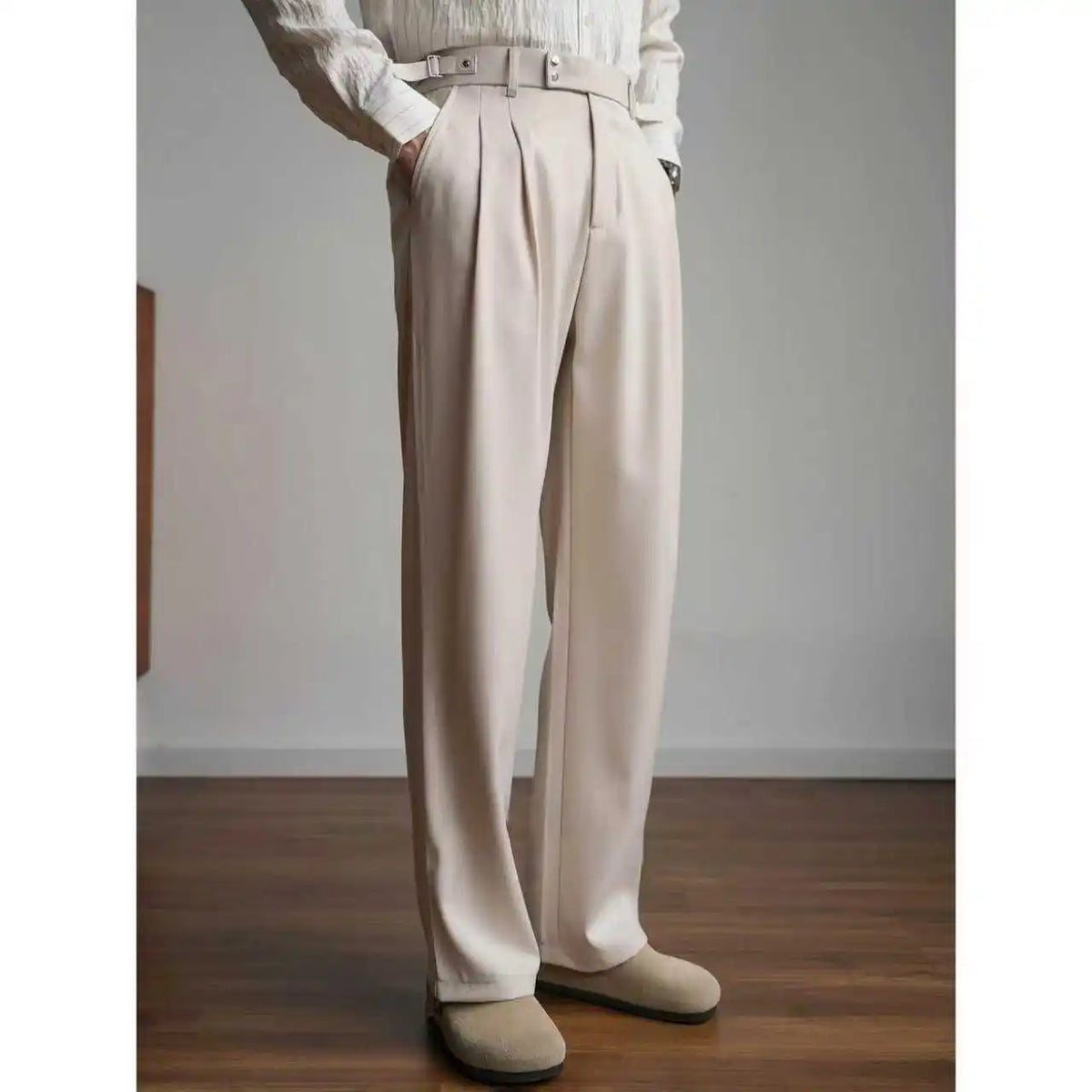 HEARUJOY  -  Loose Straight Leg Suit Pants Men's Casual Trousers Spring Autumn f Elastic Waist Drapey Vintage Simple Cool Leisure West
