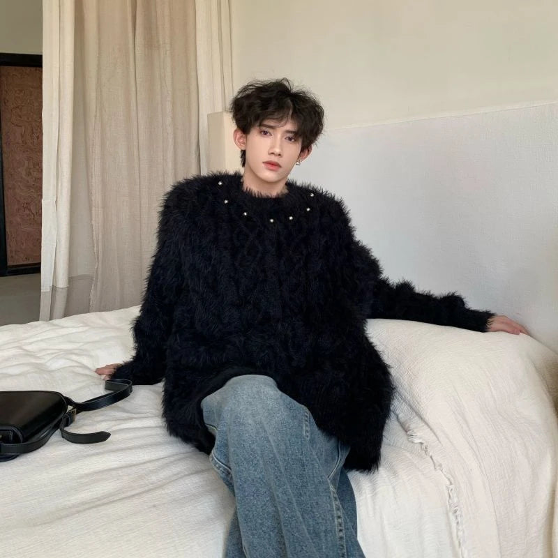 Hearujoy Korean Fashion Black Jumper Beaded Decoration Autumn and Winter Streetwear High Street Loose Pullover Men Gothic Harajuku Jumper