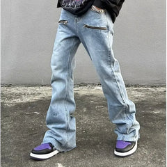 HEARUJOY  -  Y2K Fashion Zipper Retro Washed Baggy Flare Jeans Pants Men Streetwear Hip Hop Wide Leg Straight Denim Trousers Ropa Hombre