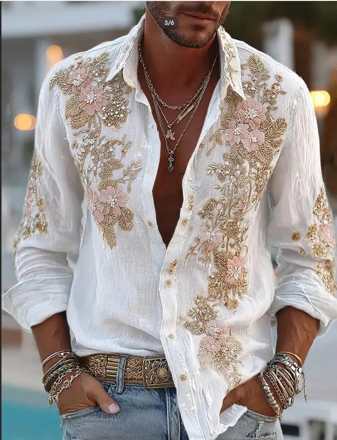 YICKYUE  -  Vintage-style 3D Print Shirts For Men Spring Summer Long Sleeve lapel Casual Versatile Tops Fashion Trendy Shirts Streetwear