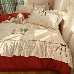 YICKYUE  -  3/4Pcs Bedding Set Korean Princess Polka Dot Bedding Cute Bow Bed Linen 2 Bedroom Cotton Bed Linen With Ruffles Couple Quilt
