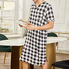 Hearujoy Mens Casual Home Plaid Nightgown Gender-Neutral Loose Printed Simple Short-Sleeved Thin Home Wear Unisex