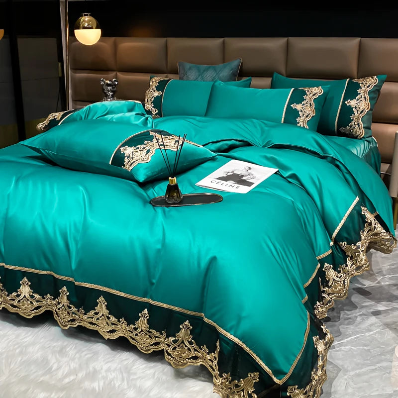 YICKYUE  -  Luxury Bedding Set 3Pcs Duvet Cover Set King Size Bed Skirt Lace Double Side Washed Silk Design Reactive Printing Sleep Coolly