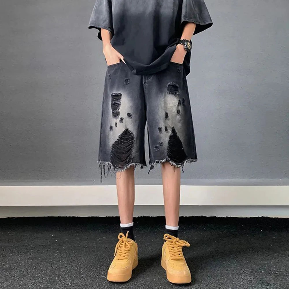 Hearujoy Ripped Casual Denim Y2k Shorts Men'S New Summer Thin American Trend Fashion Mid-Pants High Street Loose Five-Point Pants