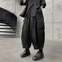 HEARUJOY  -  Mens Casual Big Pocket Cargo Pants Genderless Fashion Sports Dark Style Drawstring Loose Simple Streetwear Unisex