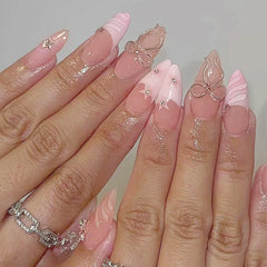 YICKYUE  -  24pcs Ins Pink French Fake Nails 3D Sweet Bow Decor Press on Nails Full Cover Y2k Diamond Star Almond Head False Nail Patches
