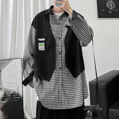 HEARUJOY  -  Fake Two-piece Plaid Spliced   long-sleeved Shirt Loose Design Men's Casual Hong Kong Style Jacket Spring and Autumn New Style