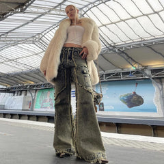 Mens Streetwear Y2k Heavy Craft Washed Flared Jeans Hip Hop Distressed Denim Pants Women Slim Straight Tassel Jeans Raw Edge