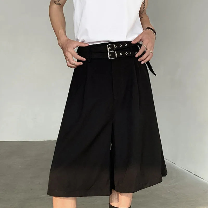 Hearujoy Summer Men's Five-point Shorts Casual Straight Double Belt Design High-waisted Black Male Clothing Wide Leg 9C5517
