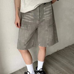 HEARUJOY  -  American Mens Summer Denim Shorts Trendy Retro Multiple Pockets Punk Mid Pants Tooling Loose Cowboy Five Quarter Pants Male