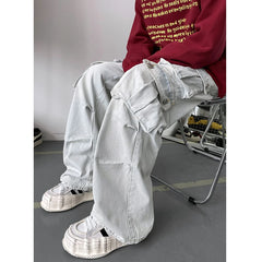 Hearujoy Light Blue Cargo Jeans Men's Patchwork Straight Casual Trousers Men Muti-pockets Hip Hop Streetwear Loose Fashion Pants