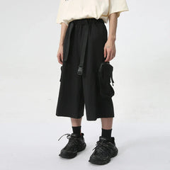 Hearujoy Men's Wear New Stylish Shorts Wide Leg Loose Large Pocket Knee-length Trousers Elastic Waist Lace-up Male Trend 9C6031