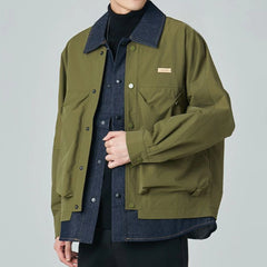 Hearujoy Mens High-Grade Denim Patchwork Jacket Coat Spring And Autumn New Fashion Trend Loose Lapel Fake Two-Piece Workwear Tops Men