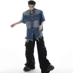 HEARUJOY  -  Y2K Cowboy Shirt Mens Summer Thin Shoulder Pads Retro Washed Short Sleeved Denim Jacket Hip Hop Burr Edge Design Loose Tops