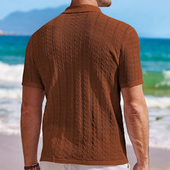 HEARUJOY  -  Summer New Men's Solid Color Knitted Short-Sleeved Shirt Retro Fashion Casual Trend Simple Loose Seaside Vacation Men's Tops