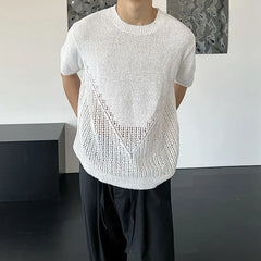 HEARUJOY  -  Men's Beige Textured Short Sleeve Knit Top Loose Fit Hollow Out Design Summer Casual Fashion Comfortable Knitwear