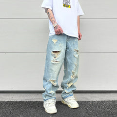 Hearujoy Washed Blue Oversized Torn Jeans for Men Streetwear Hip Hop Large Destroyed Wide Leg Jeans Baggy Straight Ripped Denim Pants
