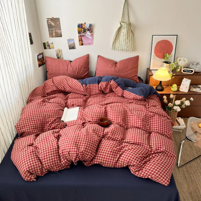 YICKYUE  -  New plaid printing retro cloud double-layer yarn four-piece set, bedding, student dormitory single 3-piece set
