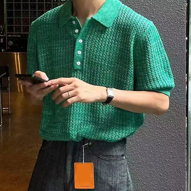 HEARUJOY  -  Summer Short Sleeved Knitted Polo Shirt Men Senior Korean Slim Fit Top Fashion Casual  hollow out Kint Tshirts High Quality