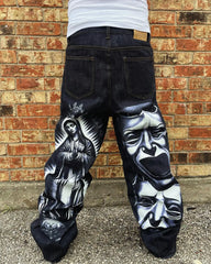 Hearujoy Goth Graphic Letter Embroidered Jeans Y2K Harajuku Hip Hop Vintage Baggy Jeans Mens Womens High Waist Straight Wide Trousers