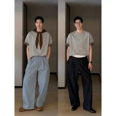 HEARUJOY  -  Men Summer Light Gray Fake Two Piece Short Sleeve T Shirt Korean Style Patchwork Plaid Cuffed Sleeve Loose Casual Top