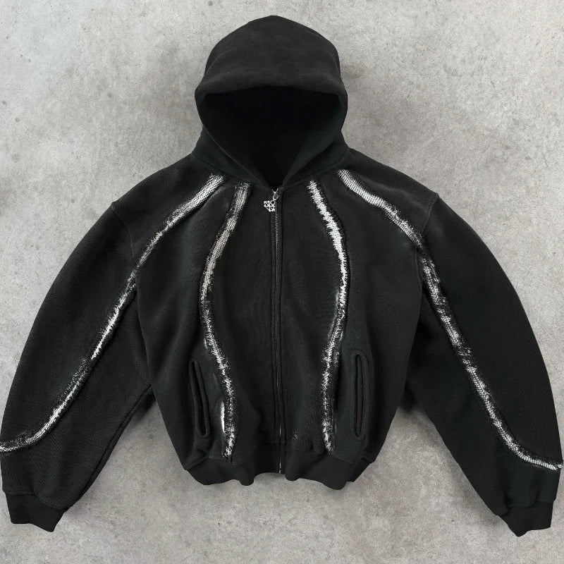 Hearujoy Y2K Garden Zip Up Hoodie Creative Stripe Structure Stitching Streetwear Retro Goth Unisex Oversized Casual High Street Pullover