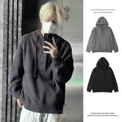 HEARUJOY  -  Hooded Jumpers Men Solid Spliced Sweaters Long Sleeve Pullovers Knitted Loose Fit Slight Strech Standard Wool High Street 2025
