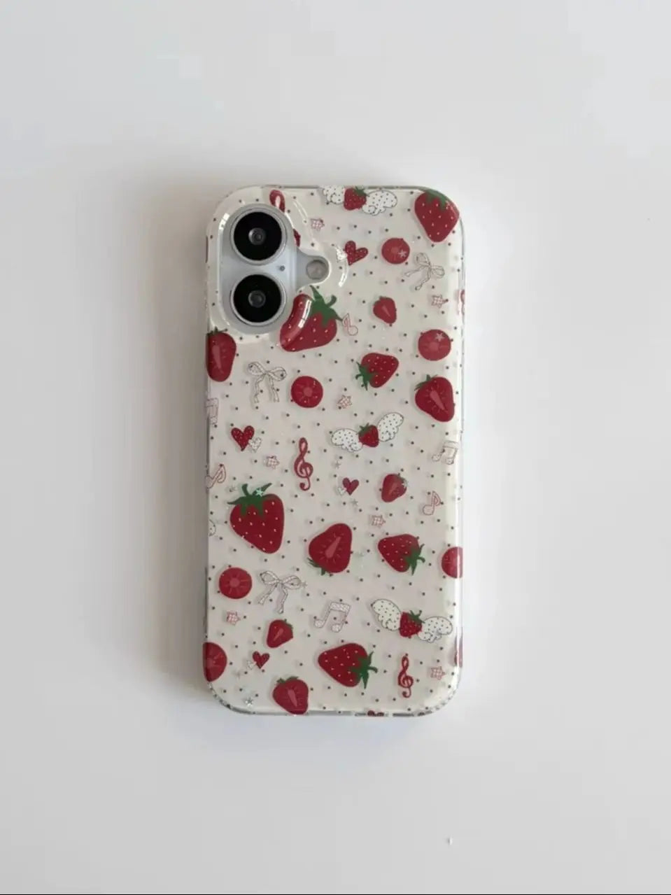 YICKYUE  -  Korean Ins Full Screen Strawberry Musical Note Polka Dots Phone Case For iPhone 17 AIR 16 15 14 13 12 11 Pro MAX Plus Y2K Cover