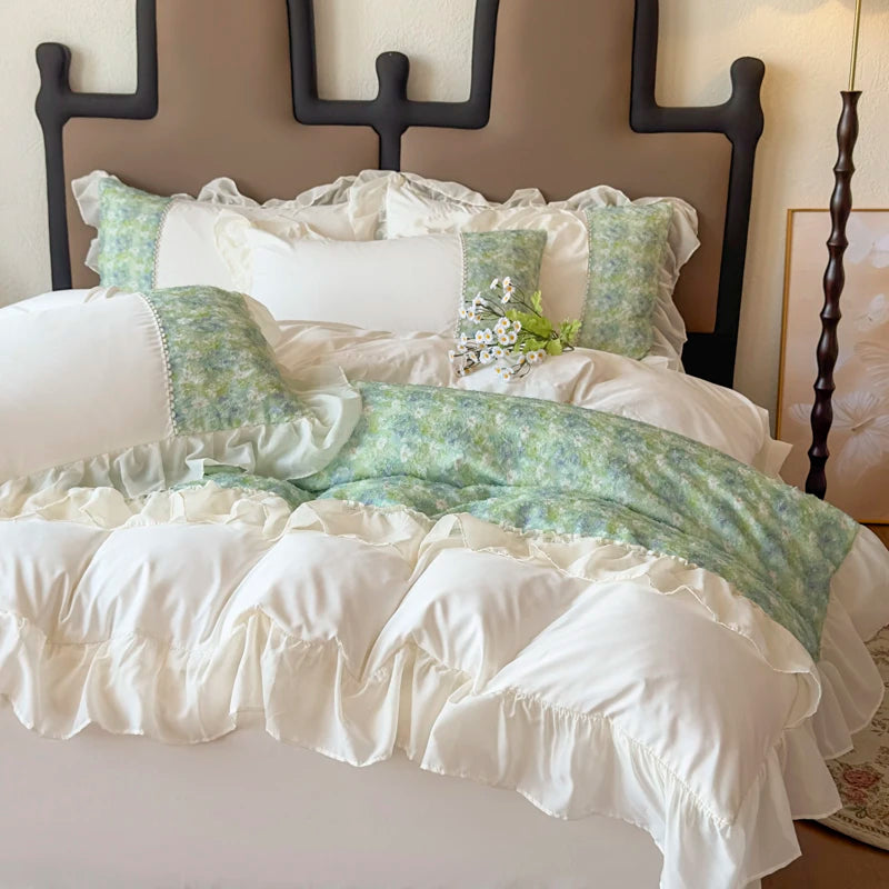 YICKYUE  -  3/4Pcs Korean Princess Style Luxury Haute Couture Chiffon Lace Ruffle Queen/King Size Quilt Cover Bed Skirt Double Bedspreads