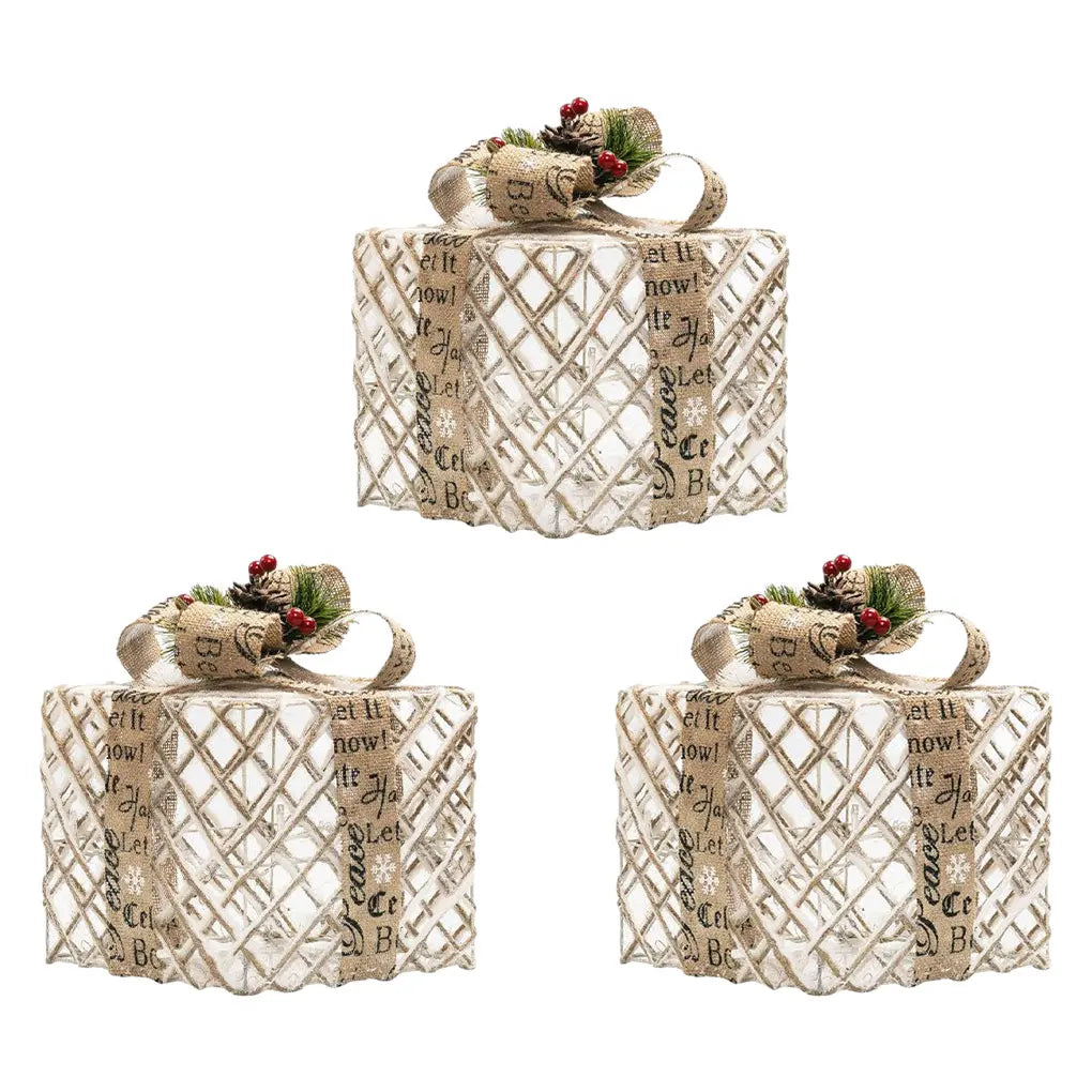 YICKYUE  -  3pcs/set Christmas Glow Gift Box With Bow Christmas Lighting Box Merry Christmas Iron Ornament Xmas Home Tree Party Decroation