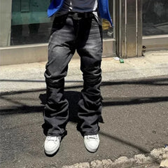 Hearujoy Ink Painted Washed Blue Baggy Boot Cut Mens Straight Casual Loose Jeans Oversized Vintage Cargo Pants Black Denim Trousers