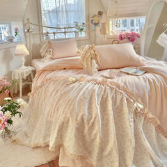 YICKYUE  -  3/4Pcs Bedding Set French-Inspired, Girly, Princess-Style Bows and Lace Pink Duvet Cover Pillowcase Bedding Full Set Double Bed