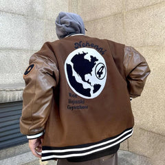 Hearujoy Autumn And Winter American Retro Baseball Jacket Men Letter Globe Embroidered Patchwork Casual Leather Sleeve Pilot Loose Jacket
