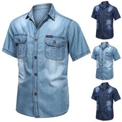 HEARUJOY  -  Vintage Street Denim Shirts For Men Male Summer Solid Shirt Short Sleeve Pocket Turn Down Button Shirt Hemden FüR MäNner