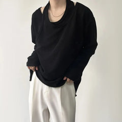 Hearujoy Mens Autumn Personalized Fake Two-Piece Hollow Sexy Long-Sleeve T-Shirts Genderless Fashion Korean Loose Solid Color Tops Unisex
