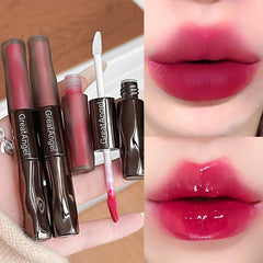 YICKYUE  -  1Pc Dark Rose Red Glass Lip Gloss Korean Mirror Water Lip Glaze Double Head Matte Lipstick Non-Sticky Waterproof Lip Tint Makeup
