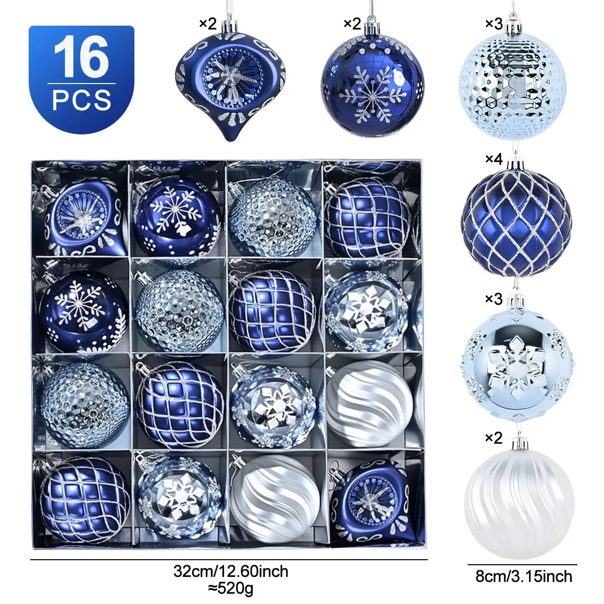 YICKYUE  -  New 8cm 16Pcs Blue Electroplated Shaped Christmas Balls Set Party Decoration Hanging Christmas Tree Christmas Balls