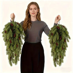 YICKYUE  -  4-Pack Artificial Christmas Tree Branches Teardrop Fir Garland with Pine Cones Plastic Hanging Swags Xmas Door Fireplace Decor