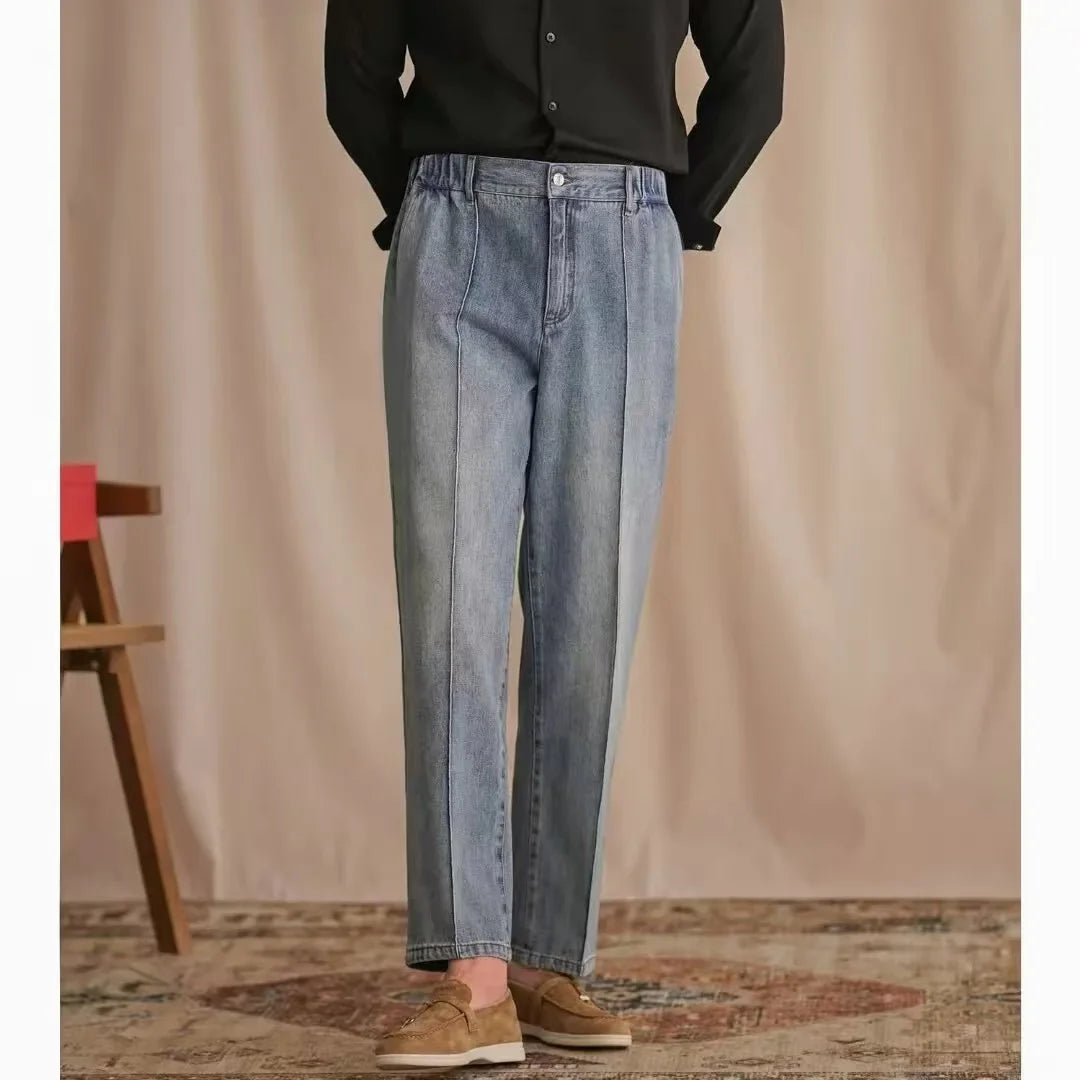 HEARUJOY  -  Vintage Cotton Men Jeans Suit Pants Elastic High Waisted Straight Trousers British Business Style  Casual Naples Denim Pant