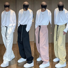 Hearujoy Men's Retro Solid Color Belt Wide-Leg Overalls American Street Hip-Hop Casual Trend Loose Comfortable Simple Straight Trousers
