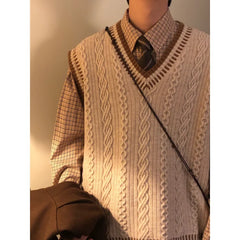 HEARUJOY  -  Preppy Style V Neck Knit Vest For Men Spring Autumn New Style Japanese Retro Sleeveless Sweater Vest Pullover Waistcoat Jacket