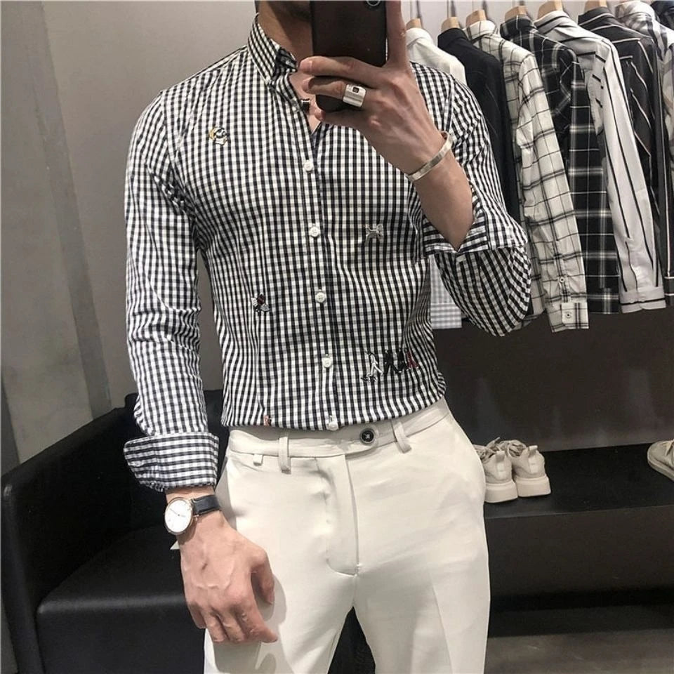 HEARUJOY  -  Stylish Men's Work Shirt Hairdresser Uniform Plaid Long Sleeve Slim Fit Autumn Fashion