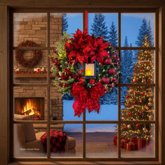 YICKYUE  -  30cm Christmas Wreath With Lantern, Front Door Garland With Large Bow Seasonal Ornament Christmas Decoration For Front Door Wall