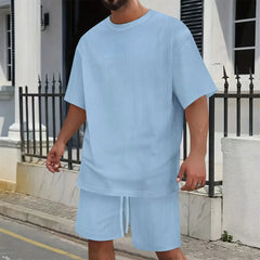 HEARUJOY  -  Summer Men's Suit Solid Geometric Jacquard Loose Outfits O-neck Short Sleeved T-shirt And Shorts Two-piece Casual Set Man
