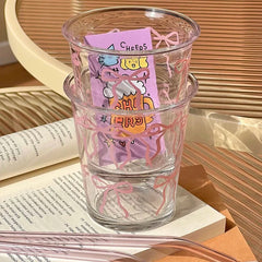 YICKYUE  -  Bow Glass Cup Cute Water Cup Cartoon Bow Glass Cup Striped Cute Doodle Coffee Mug Household Fruit Tea Lemonade Girls Gift